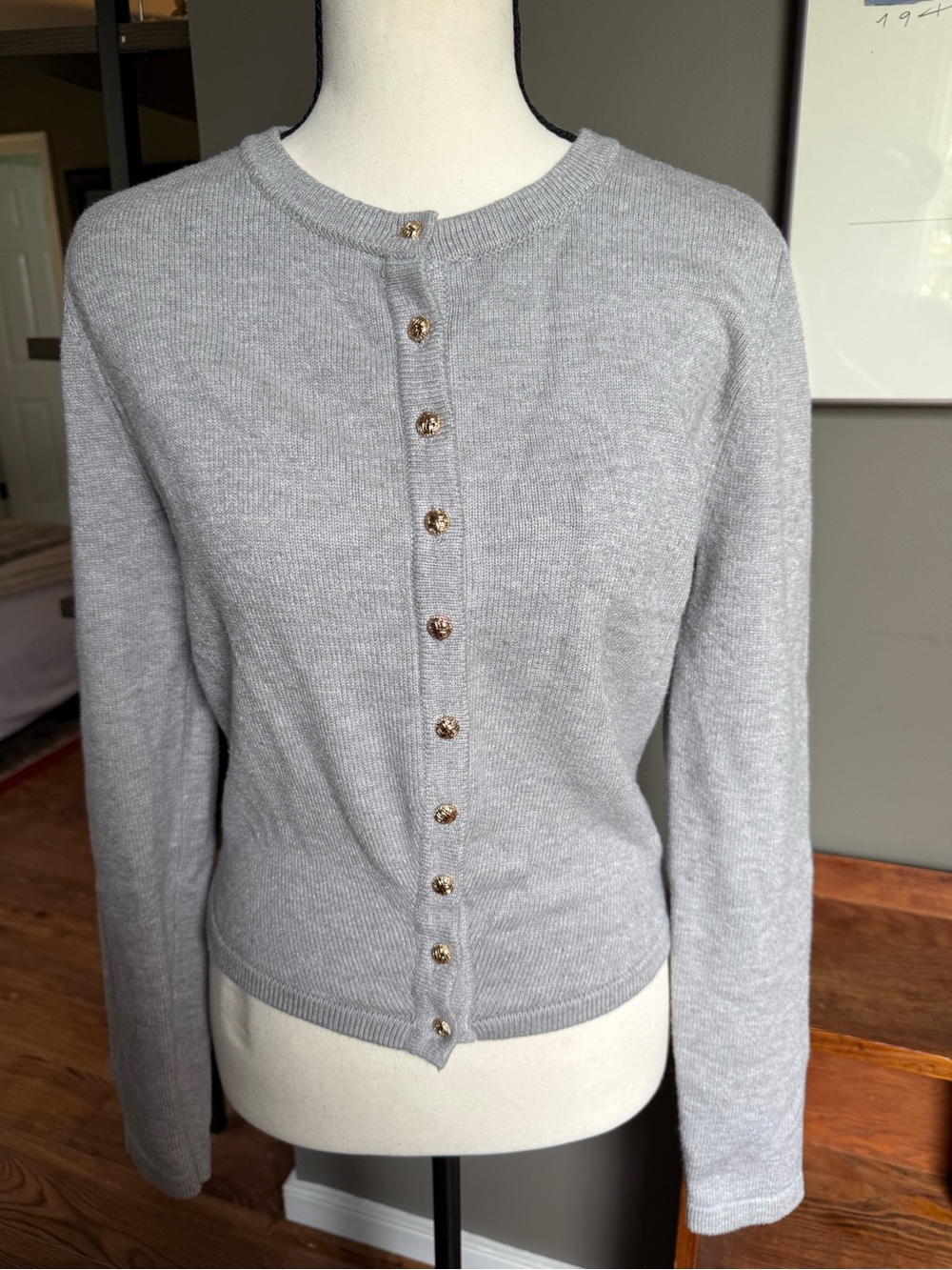 Classic Gray Gold Button Cropped Cardigan Sweater Size Large
